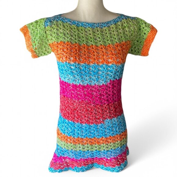 Handmade Colorful Chunky Knit Striped Short Sleeve Sweater S retro hippie boho - Picture 1 of 10